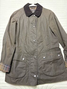 Barbour Olive Green Waxed Utility Jacket with Dark Brown Cord Collar